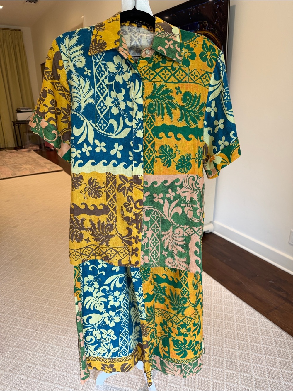 Beulah - Women’s Multicolor Patchwork Short Sleeve Top & Matching Pants Set - S